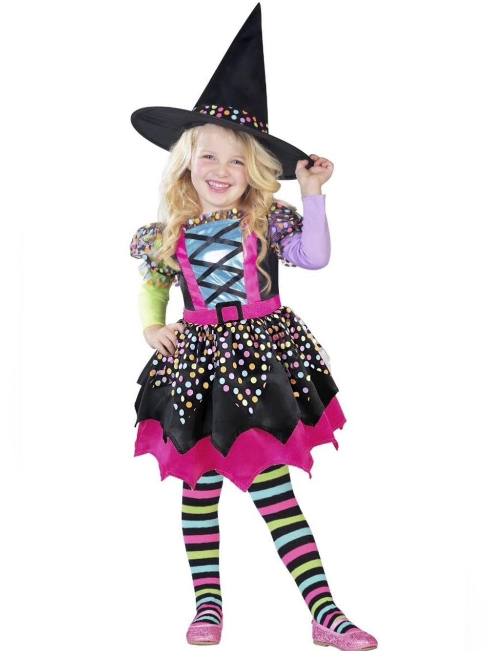 Girls Witch Halloween Costume Size 2T Colorful Dress Hat Tights 3 Piece